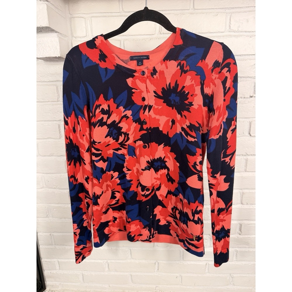 Tommy Hilfiger Floral Cardigan Sweater Small Pink Navy Button Front Cotton‎ Y2K